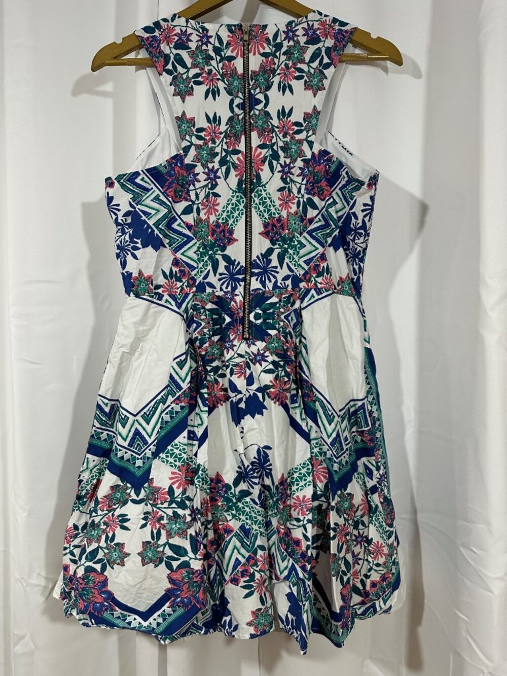 Boho Floral Fit & Flare Dress Large Blue White Cotton Border Print - Picture 9 of 12